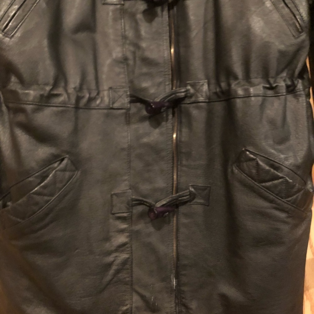 Cosa Nova Black Leather Hooded Duffle Coat Medium - Picture 5 of 13